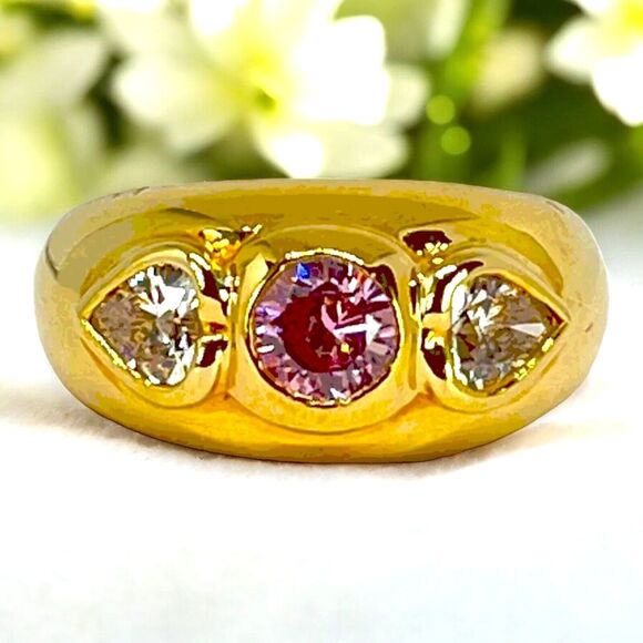 Vintage Ring Size 8 Pink & Heart Cubic Zirconia 14K Gold Plate Mid-Century 14K - Picture 2 of 11